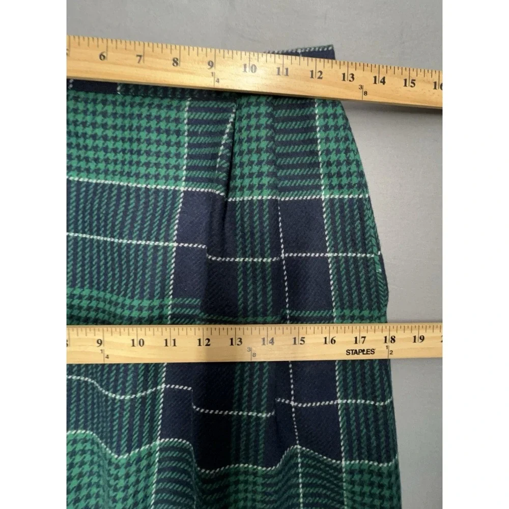 Vintage Wool Skirt 8 Blue Green Tartan Plaid Pleated Midi‎ Pocket Preppy Classic
